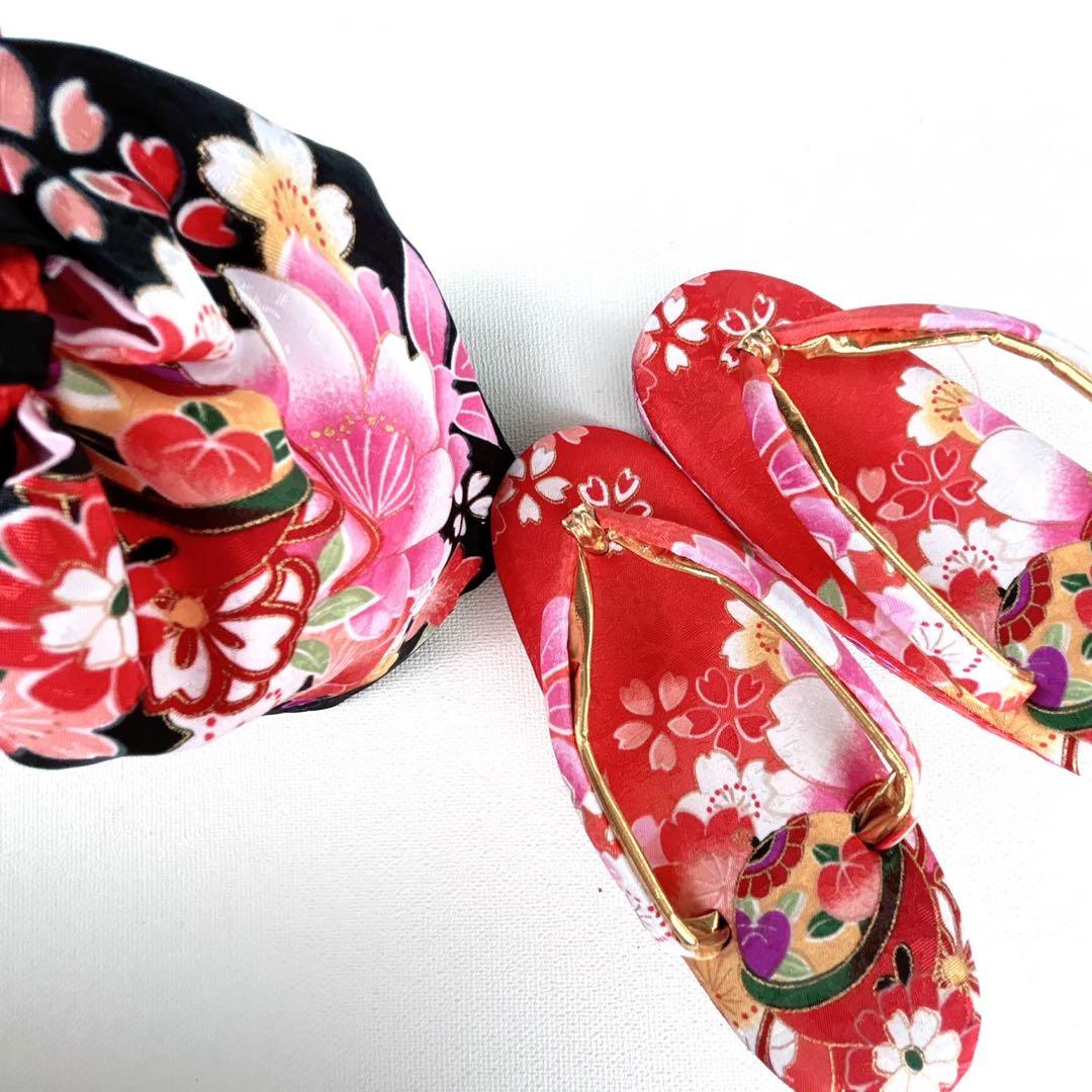 セット　七五三　３歳女の子　長着＆被布＆長襦袢＆小物　黒地　桜　地紋　うさぎ