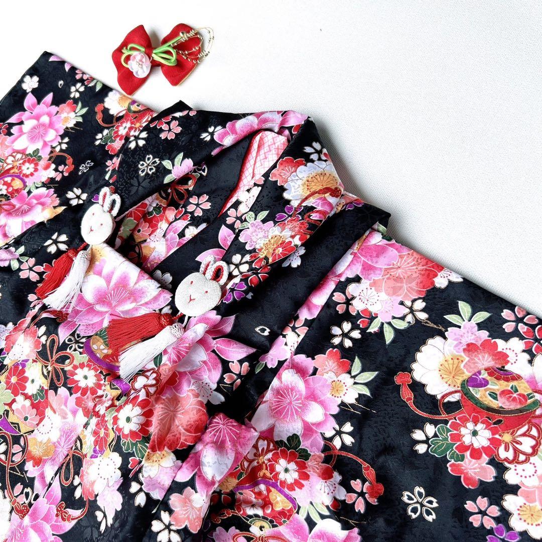 セット　七五三　３歳女の子　長着＆被布＆長襦袢＆小物　黒地　桜　地紋　うさぎ