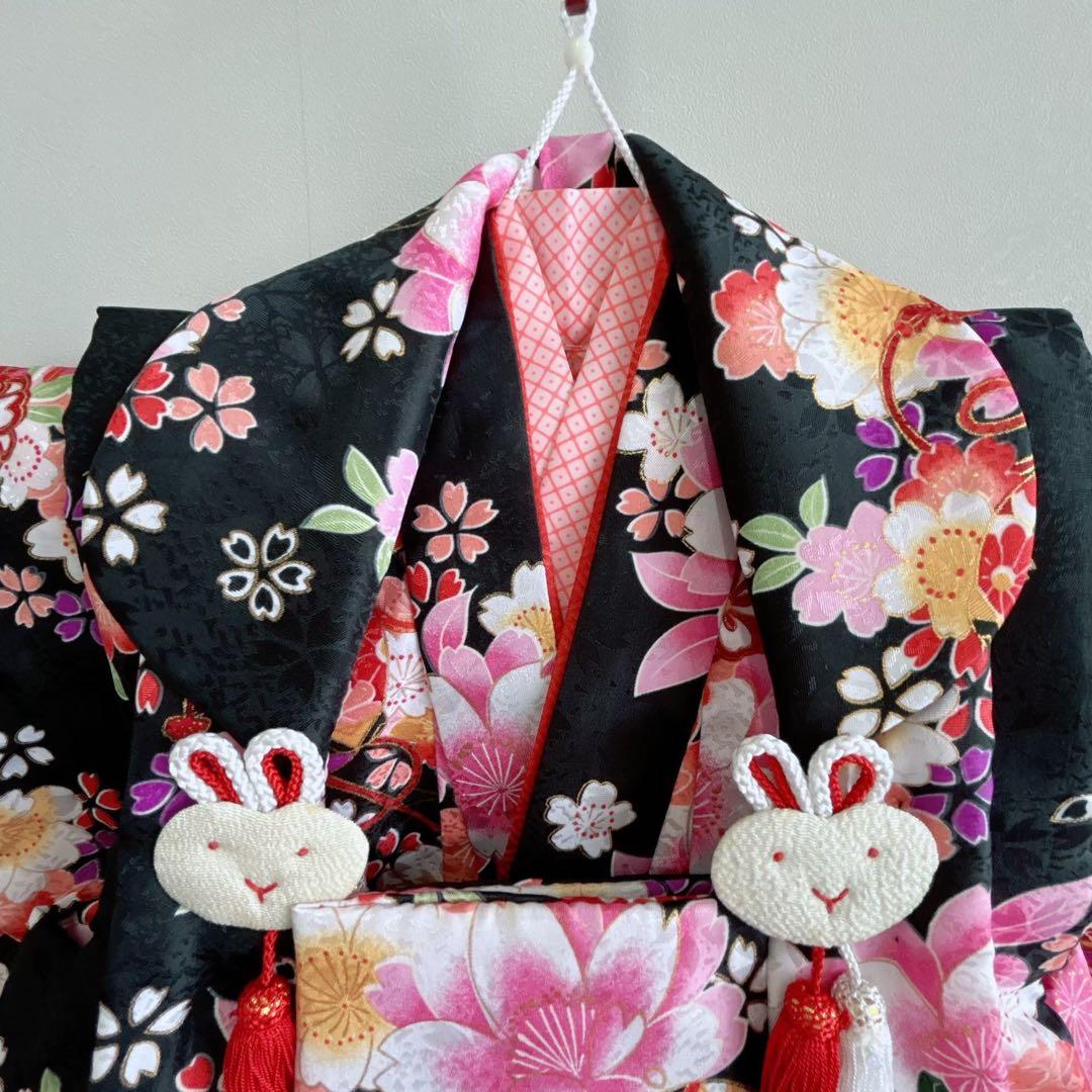 セット　七五三　３歳女の子　長着＆被布＆長襦袢＆小物　黒地　桜　地紋　うさぎ