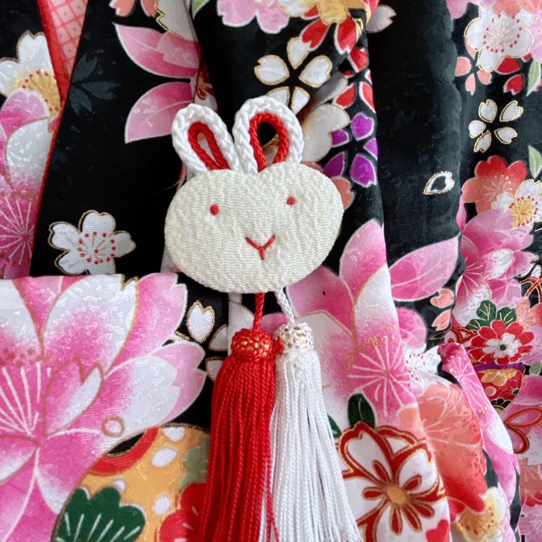 セット　七五三　３歳女の子　長着＆被布＆長襦袢＆小物　黒地　桜　地紋　うさぎ