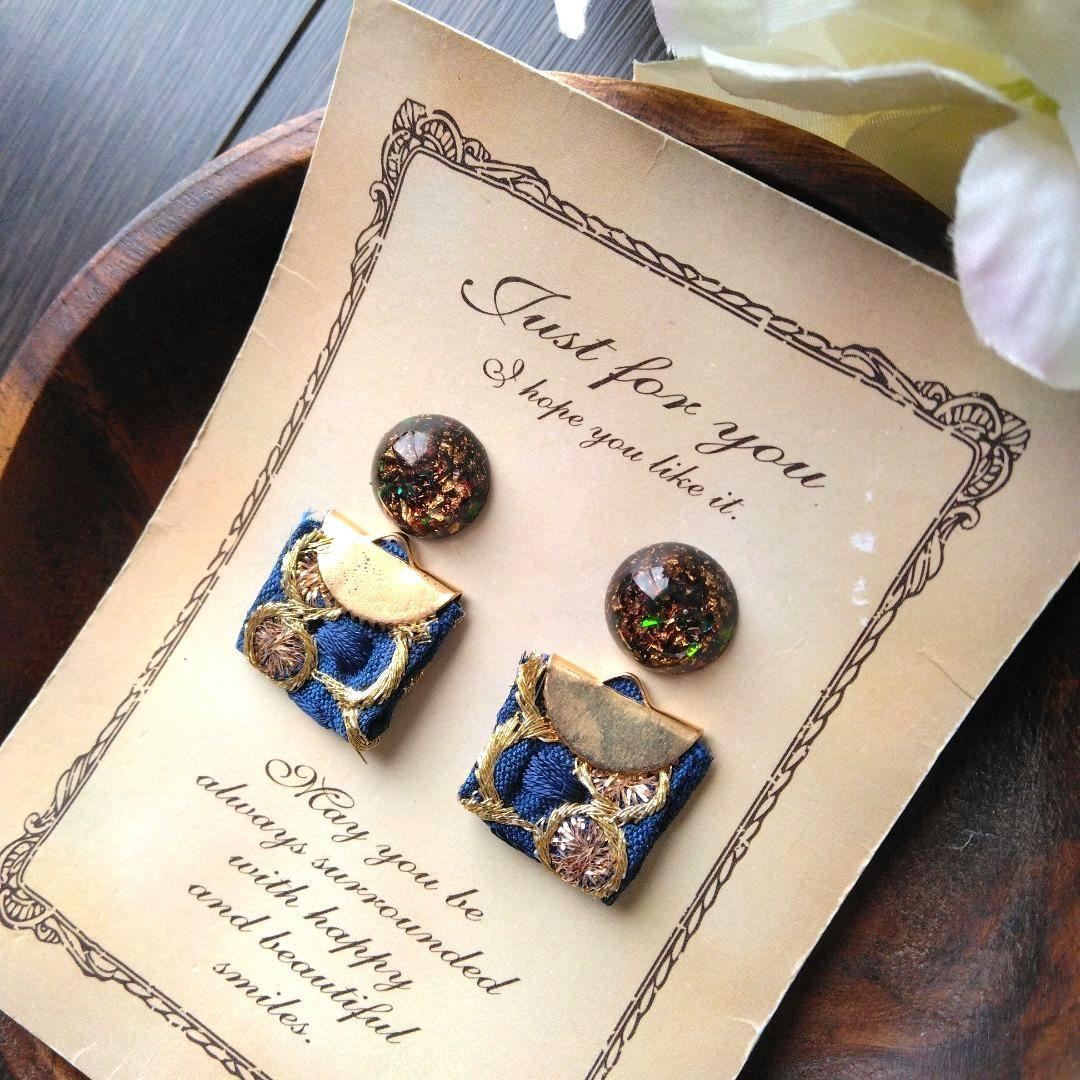 ゴールド　黒　紺　ヴィンテージ　チロリアンテープ　リボン　ピアス　イヤリング　金