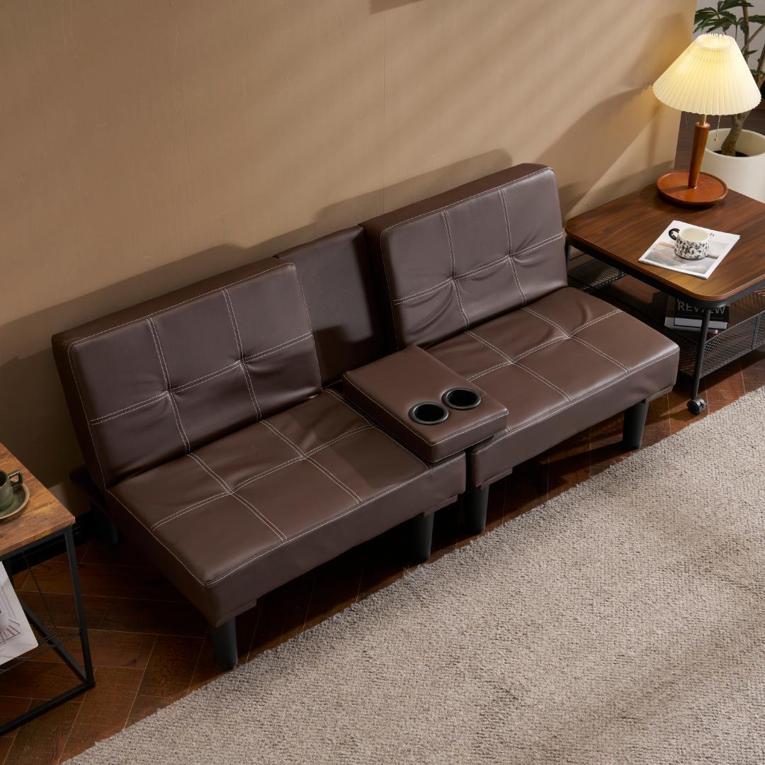 ソファベッド ソファ ベッド カップホルダー付き2人PU背もたれ3段階 ブラウン