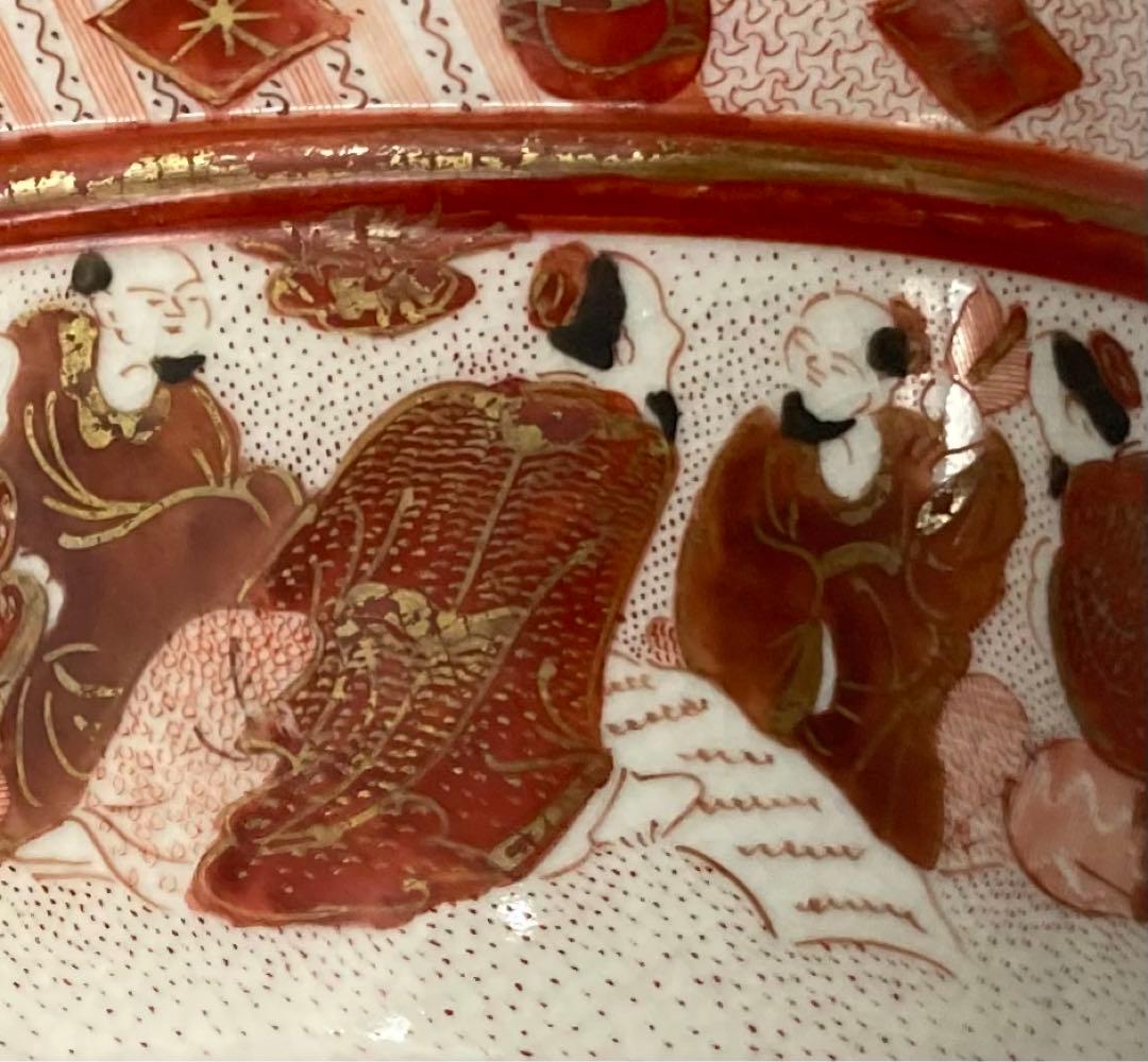 B46s 九谷焼 赤絵九谷人物に草花図手桶形花生 賢人牡丹菊 明治大正