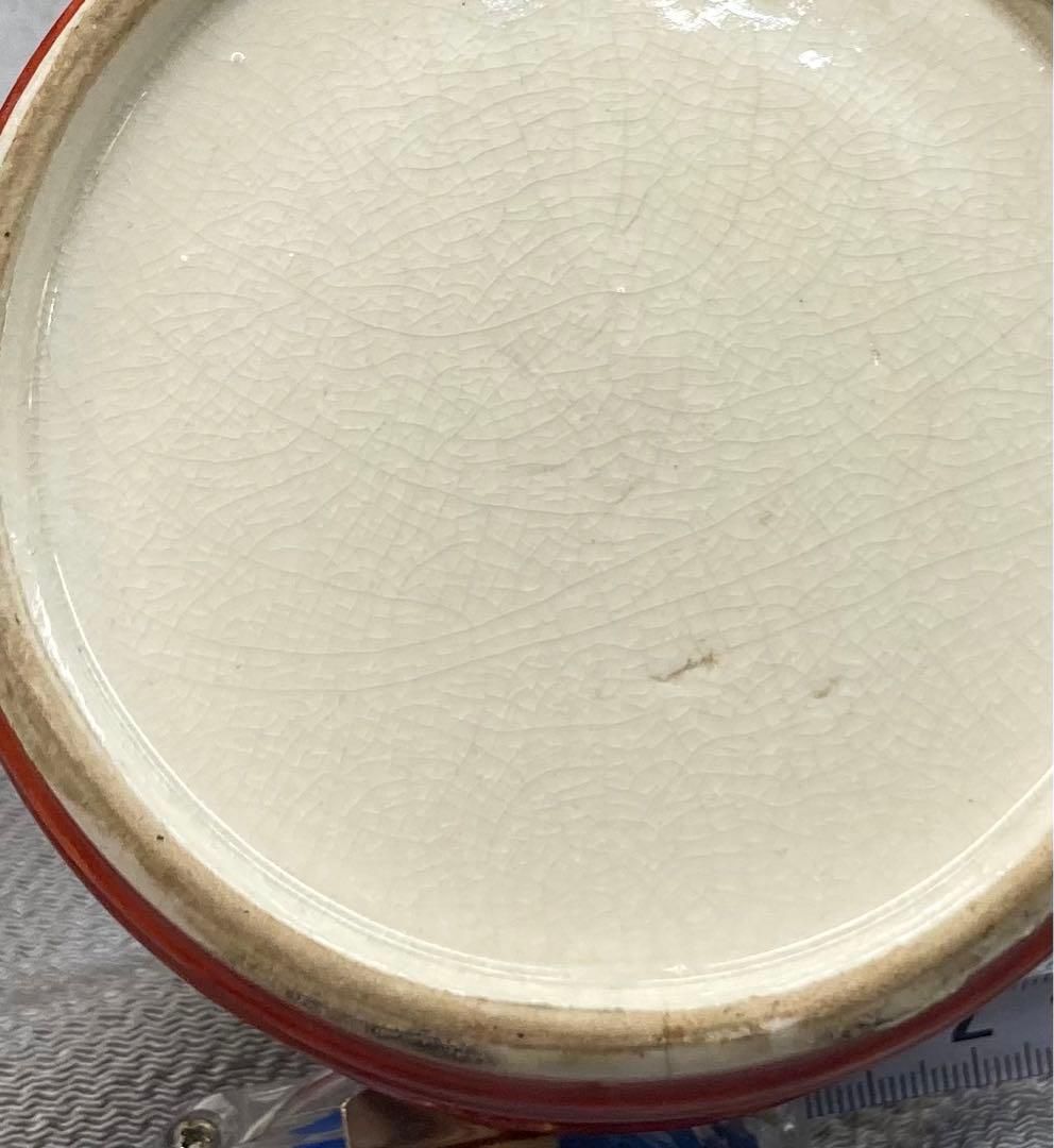 B46s 九谷焼 赤絵九谷人物に草花図手桶形花生 賢人牡丹菊 明治大正