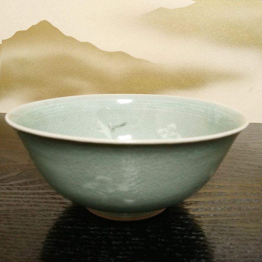 A868 人間文化財 柳海剛 高麗青磁 茶碗 雲鶴文 象嵌 共箱 略年歴解説付