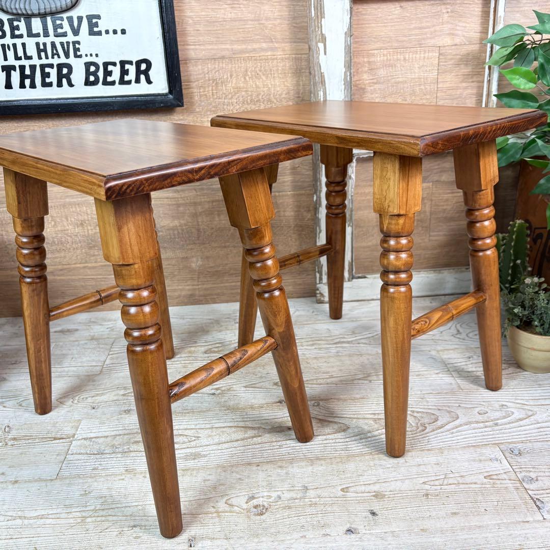 北欧カントリー調パイン材無垢角スツール2脚セット木製椅子花台チェア天然木松材
