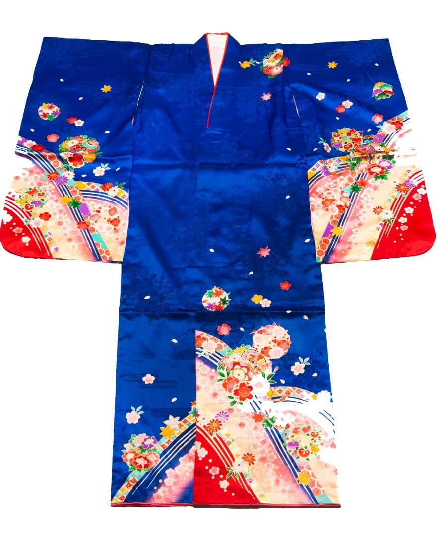 正絹　鮮やかな藍色　艶のある繻子地　7歳七五三振袖+襦袢　美品