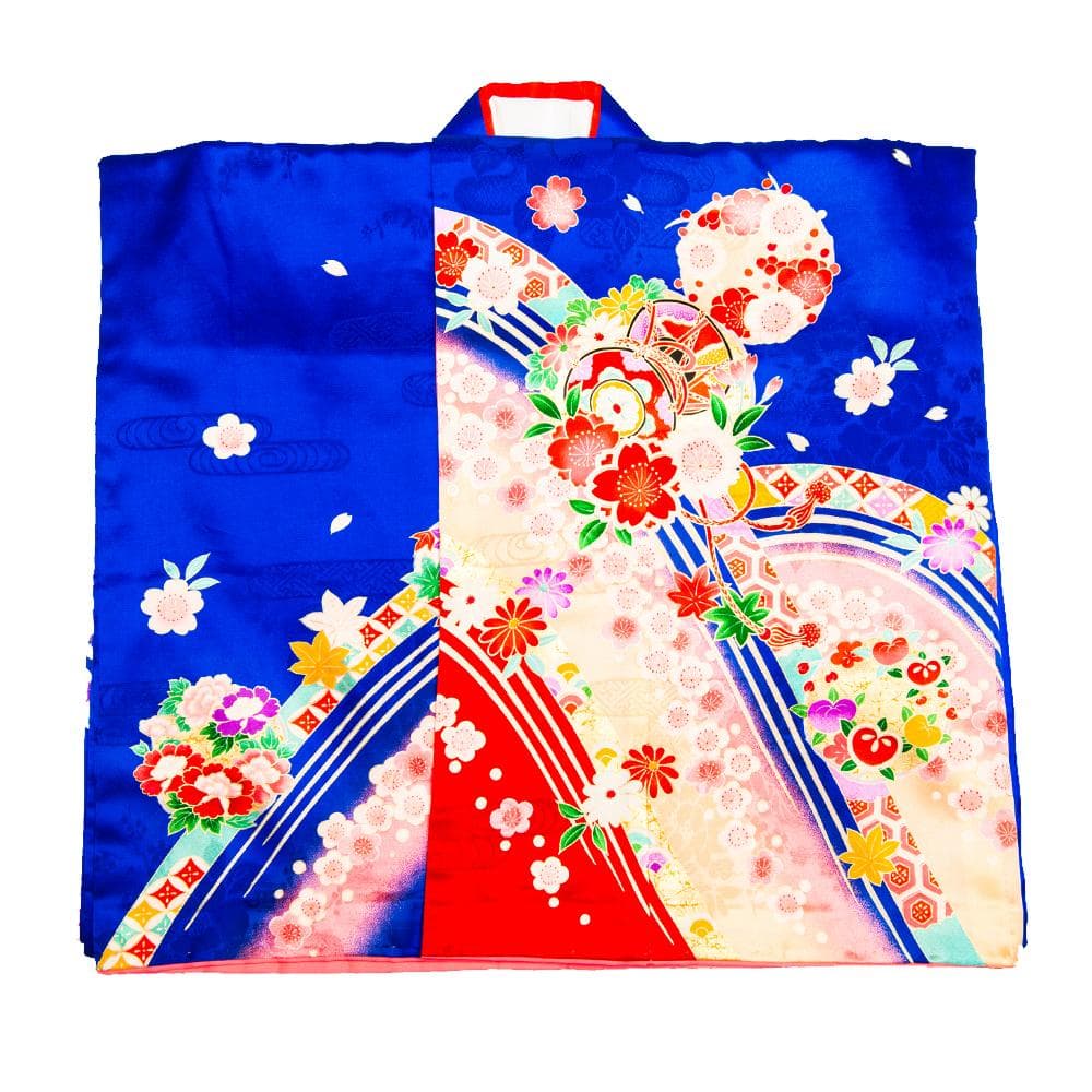 正絹　鮮やかな藍色　艶のある繻子地　7歳七五三振袖+襦袢　美品