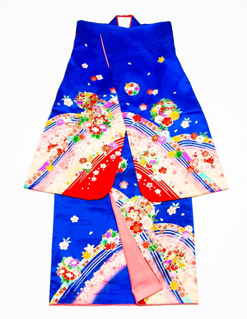 正絹　鮮やかな藍色　艶のある繻子地　7歳七五三振袖+襦袢　美品