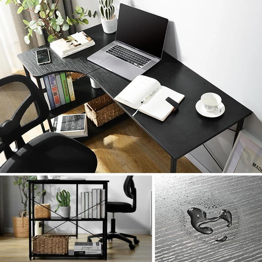 ブラック パソコンデスクL字120cm2段ラック付デスク木製ミシン台書斎机