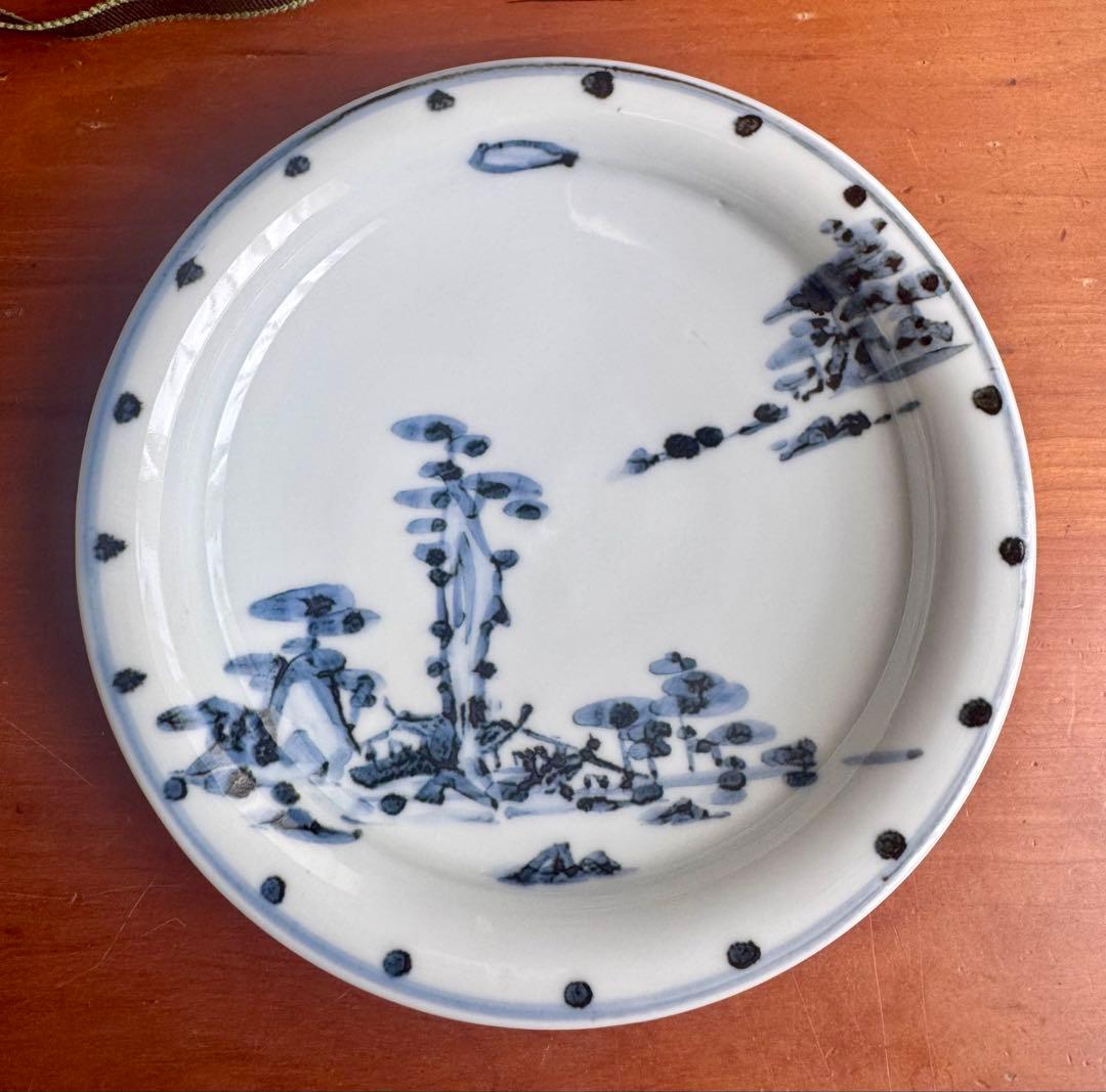 〈未使用木箱付〉廣永窯 染付鳥文山水文 二枚組皿 陶器 川喜田半泥子