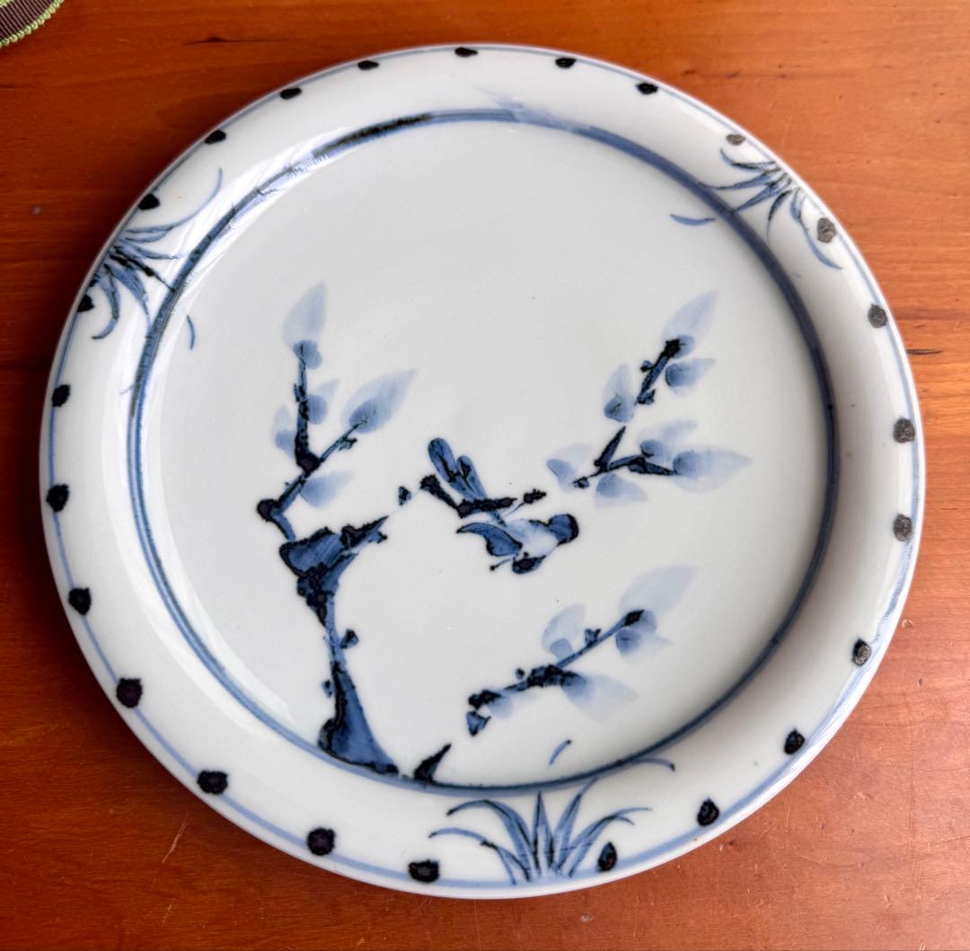 〈未使用木箱付〉廣永窯 染付鳥文山水文 二枚組皿 陶器 川喜田半泥子