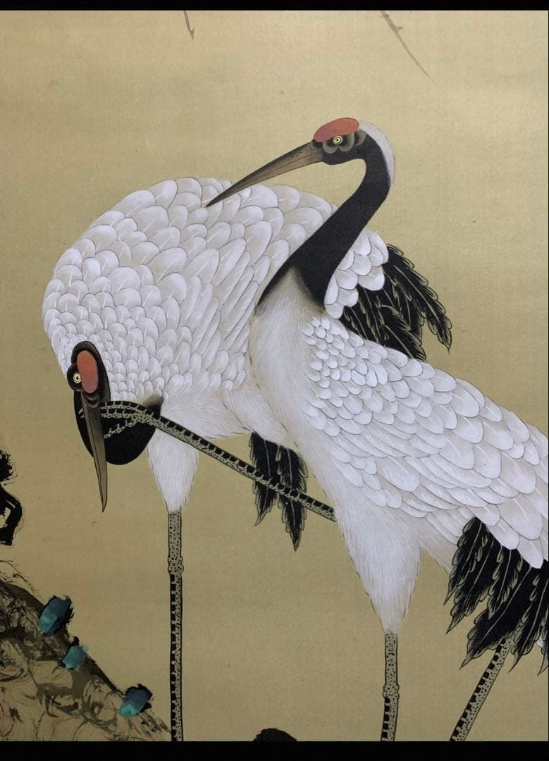 掛軸　花鳥画　松鶴延年図　絹本　手描き　美品