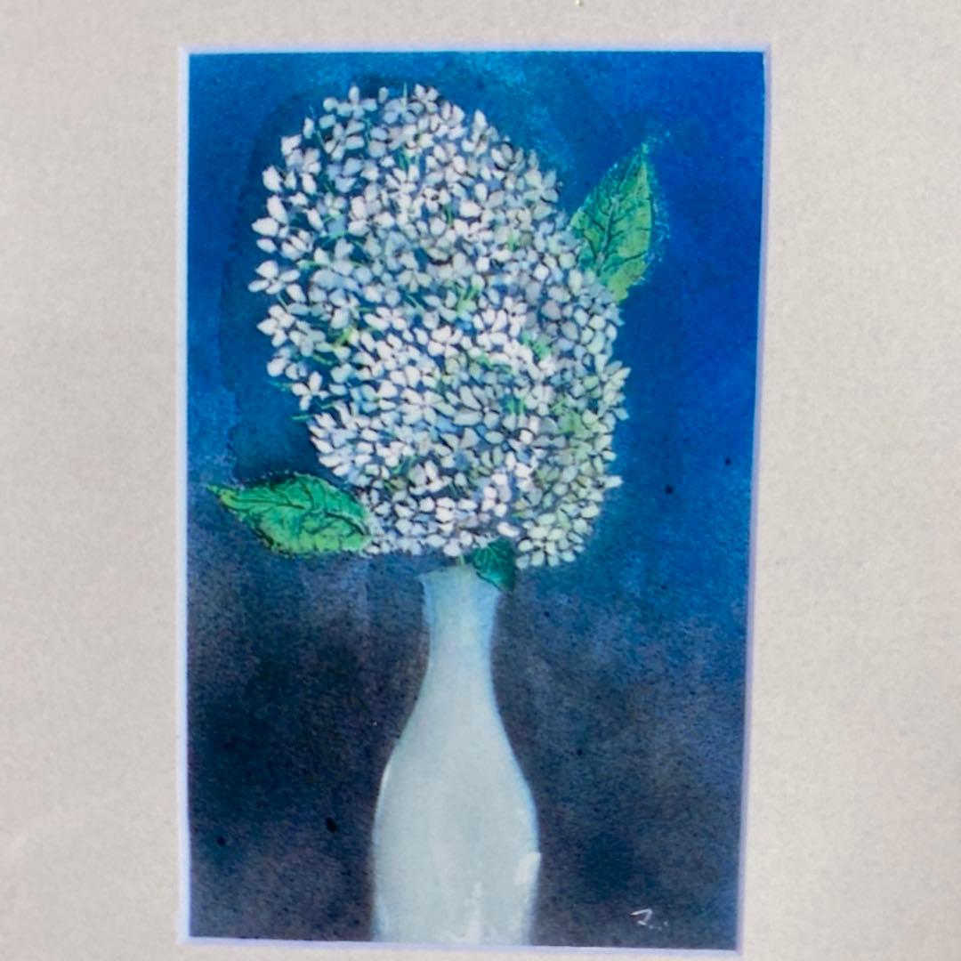 絵画　水彩画　P3号「アジサイ」菊地正則　額付き　美品　サイン入り　静物画　原画