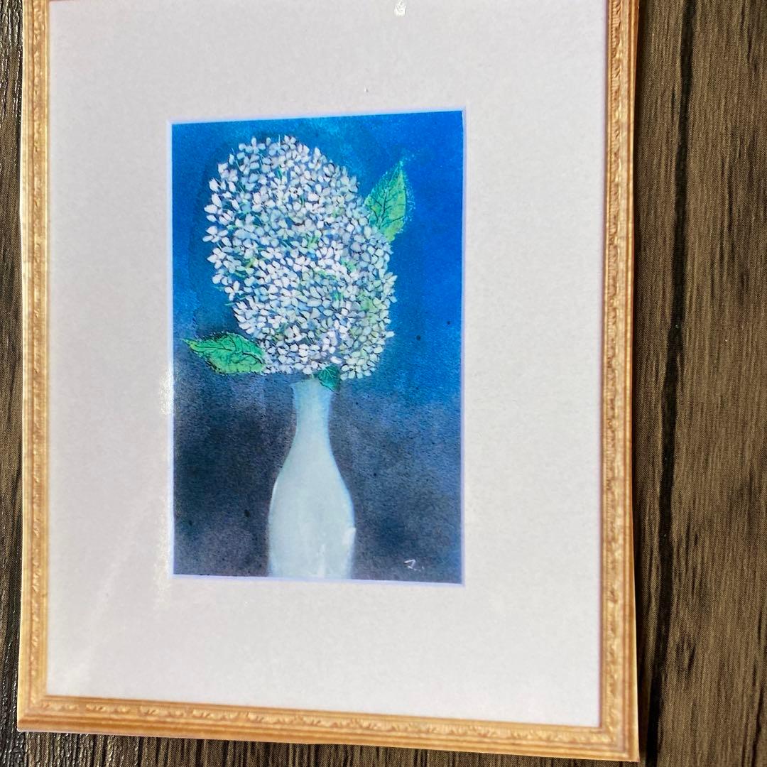 絵画　水彩画　P3号「アジサイ」菊地正則　額付き　美品　サイン入り　静物画　原画
