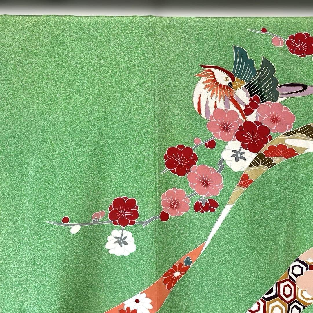 □七五三7歳　正絹女児用振り袖着物　正絹襦袢付　おしどり　緑系