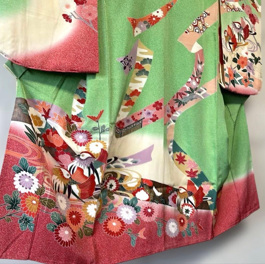 □七五三7歳　正絹女児用振り袖着物　正絹襦袢付　おしどり　緑系