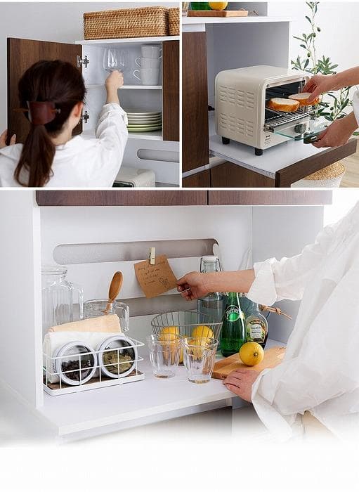 ②北欧 コンパクト スリム食器棚 大容量 79cm 2口コンセント 大人かわいい