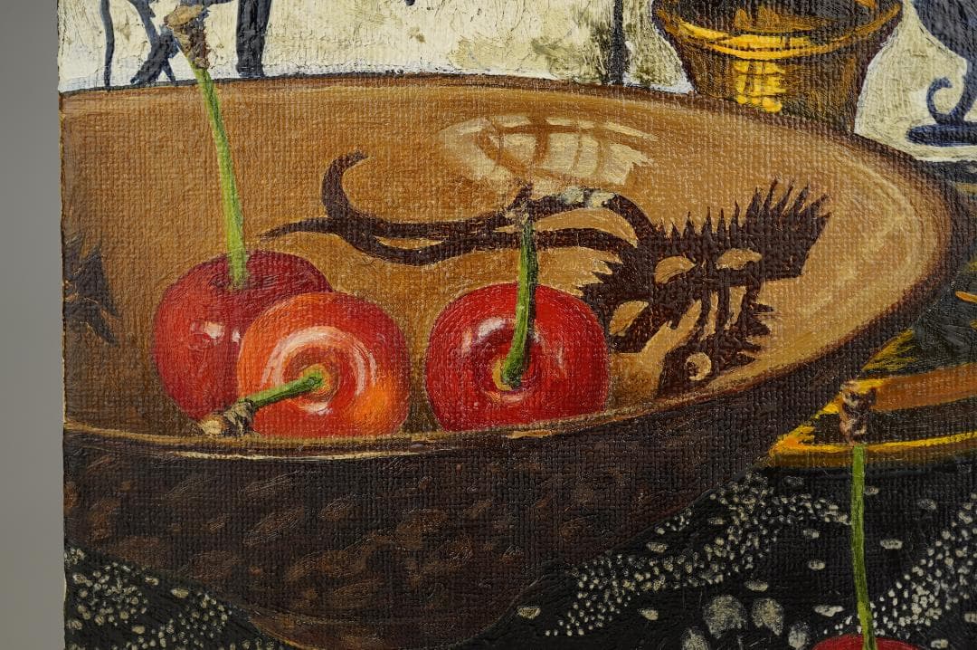 玉之内満雄 1994年作 「デルフトタイルの前のさくらんぼ」 油絵 真作