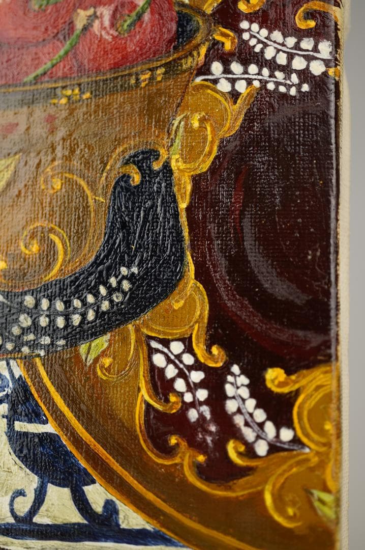 玉之内満雄 1994年作 「デルフトタイルの前のさくらんぼ」 油絵 真作