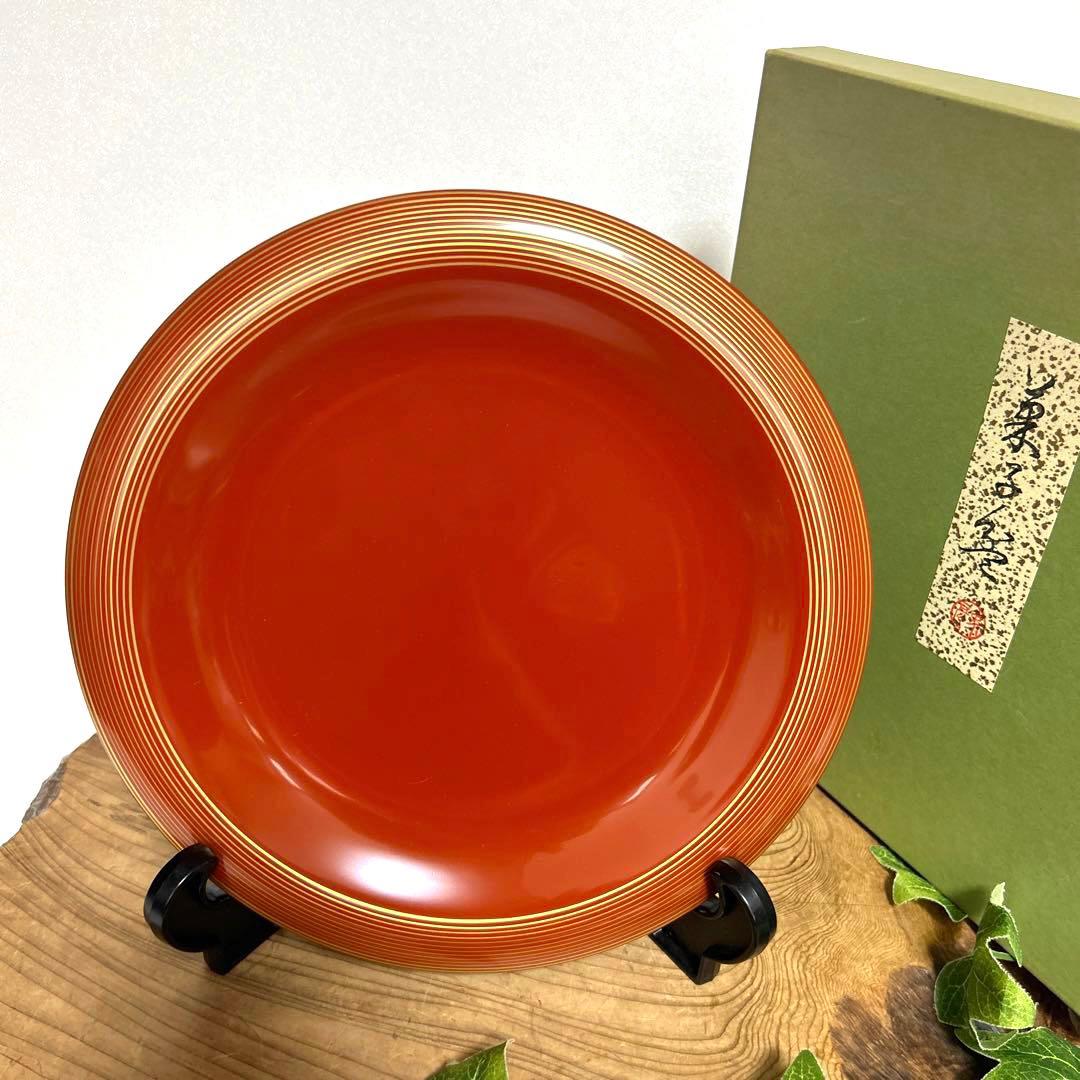 新品 京都老舗漆器 平安象彦 天然木塗 朱塗 金線菓子盆 金線茶托5枚 和