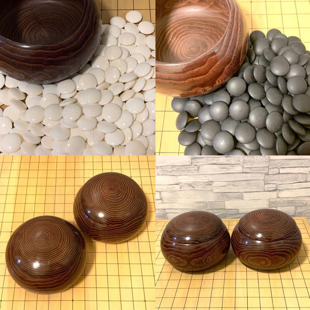 超美品蛤碁石 極厚2寸3枚ハギ卓上柾目囲碁盤 平型栗碁笥 豪華3点囲碁セット