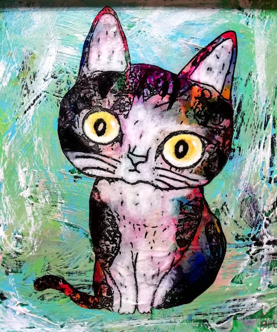 額付き銅版画応用絵画 title「ひらめき猫」アップグレード