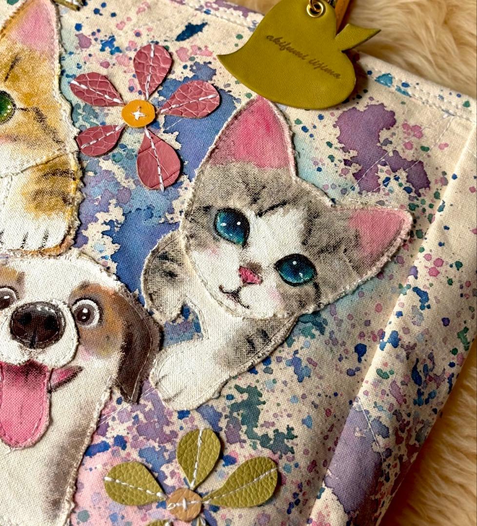 (手づくり)\"楽しい〜\"ねこネコ犬のトートバッグ　アップリケお花