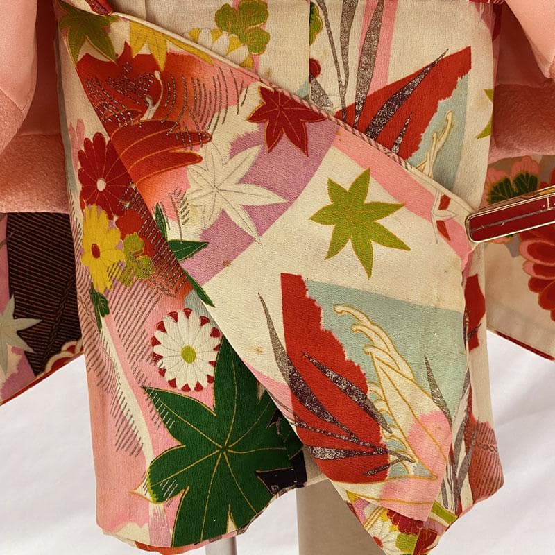 508ag77◎七五三 三歳 女の子 アンティーク着物&被布 レトロ 鶴菊楓◎