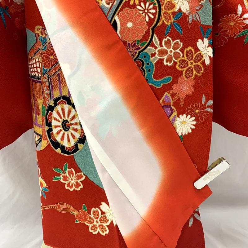 509ag35□七五三 七歳 女児 着物&袋帯 金彩 御所車 雪輪 赤□美品