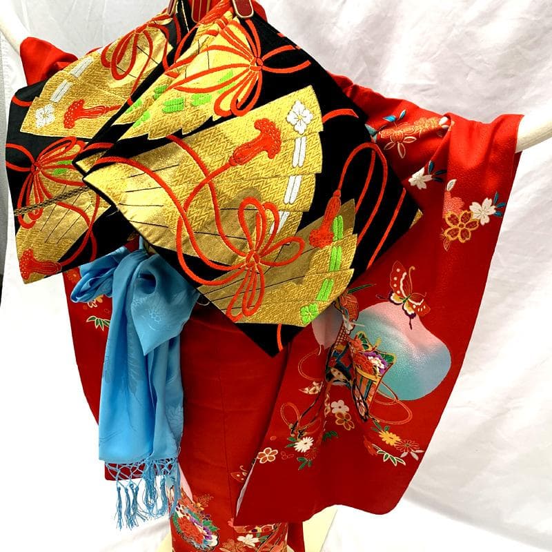 509ag35□七五三 七歳 女児 着物&袋帯 金彩 御所車 雪輪 赤□美品