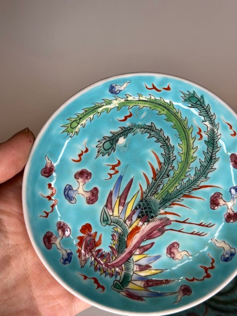青釉　鳳凰文　色絵　小皿　三点組　底款有　古美術