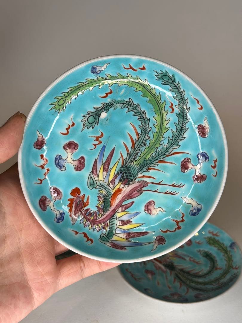 青釉　鳳凰文　色絵　小皿　三点組　底款有　古美術