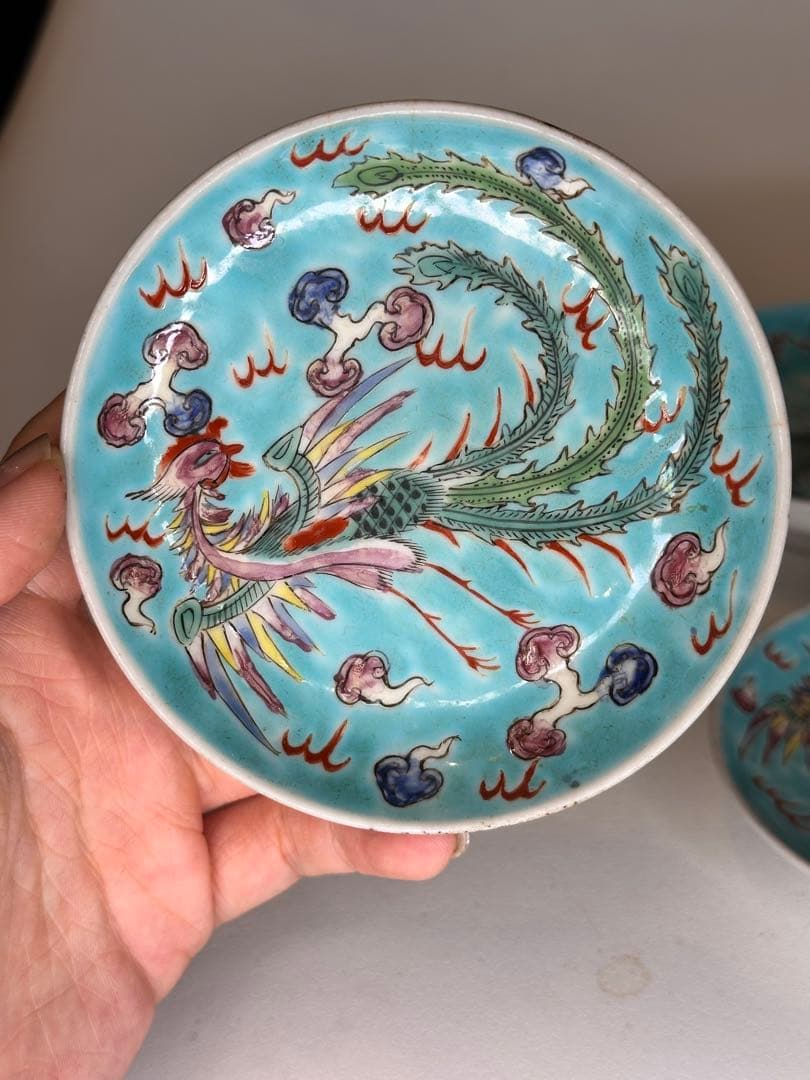 青釉　鳳凰文　色絵　小皿　三点組　底款有　古美術