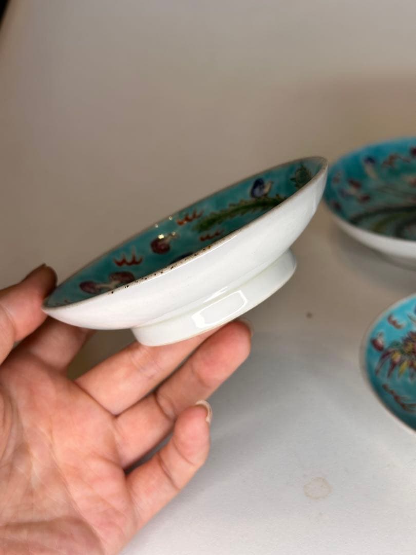 青釉　鳳凰文　色絵　小皿　三点組　底款有　古美術