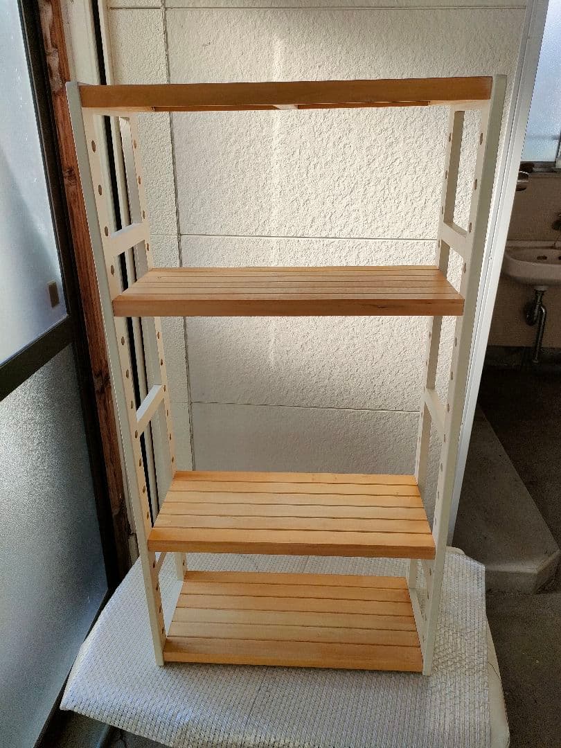 ●木製 組み立て式4段シェルフ無垢材ナチュラル×ホワイト高さ調整可