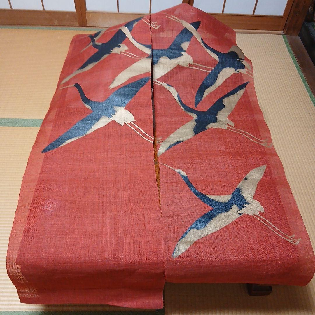 プロフ必読 万葉舎麻のれん 漆染めのれん 鶴 朱赤 サイズ:88×150cm