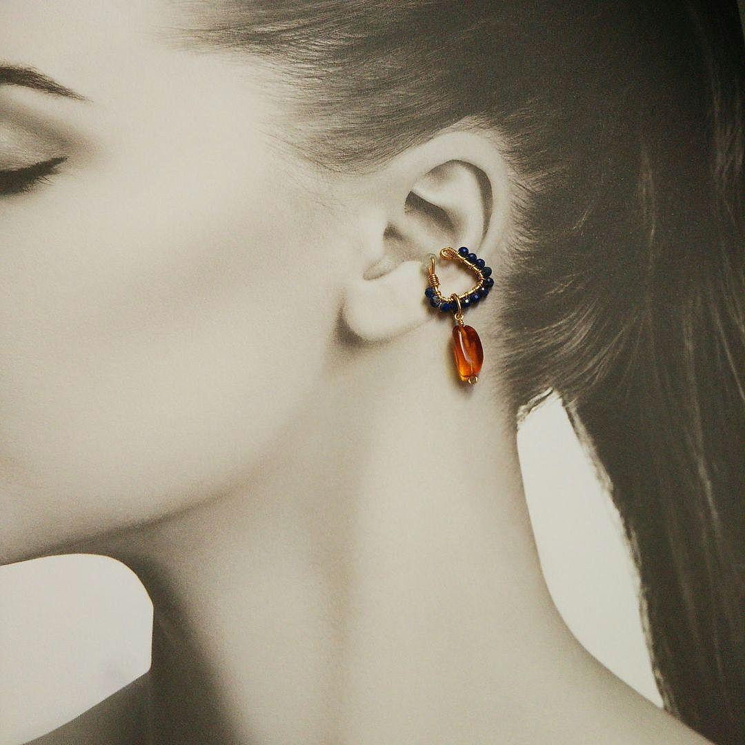 【サービス品】ラピスラズリ&琥珀 イヤーカフ