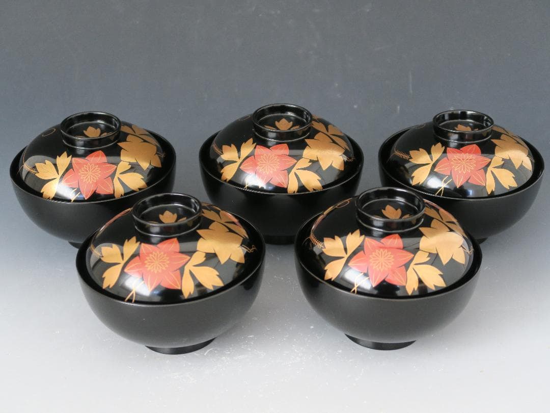 輪島塗】鉄仙蒔絵 吸物椀 黒塗 見返し蒔絵 五客揃 天然木 共箱 - メルカリ