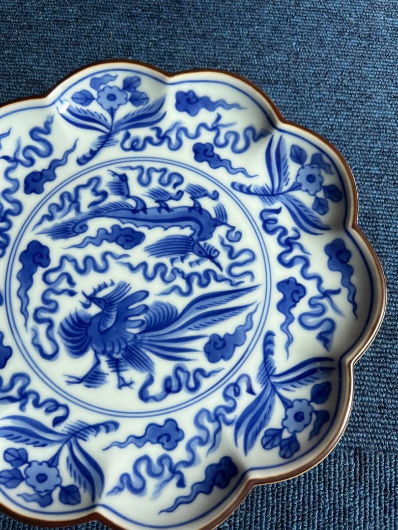 1079  十四代　辻常陸製　染錦龍鳳凰文　菓子皿　未使用