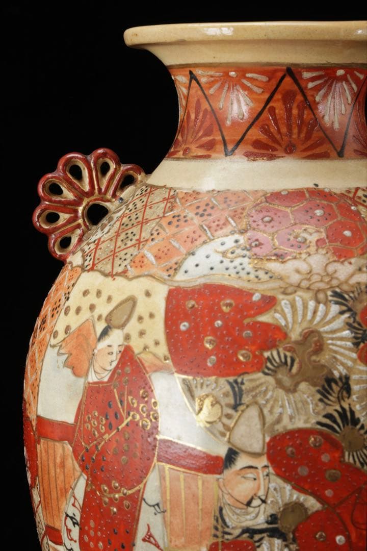 九谷焼 古九谷 赤絵金彩人物図双耳花瓶 飾壺 29㎝ 共箱