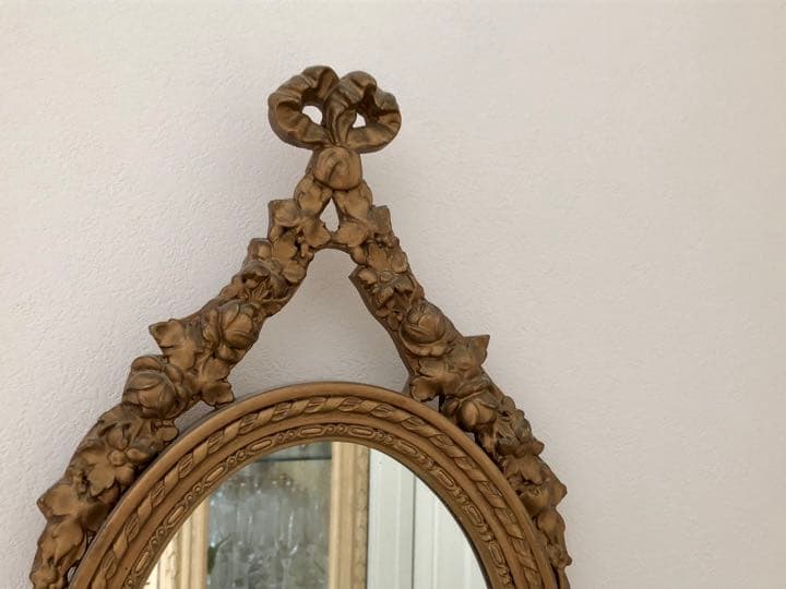 フランスアンティーク　リボン&ローズガーランドの壁掛けミラー