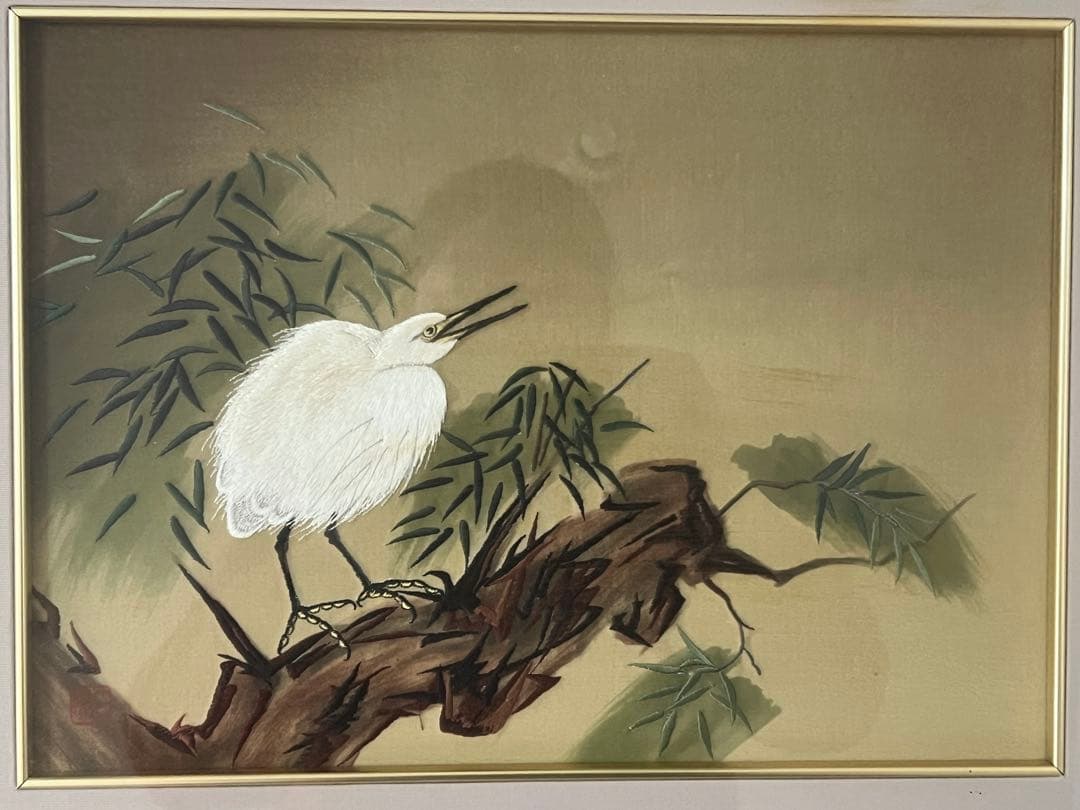 中古　額縁に汚れあり　日本刺繍絵　白鷺　日繍