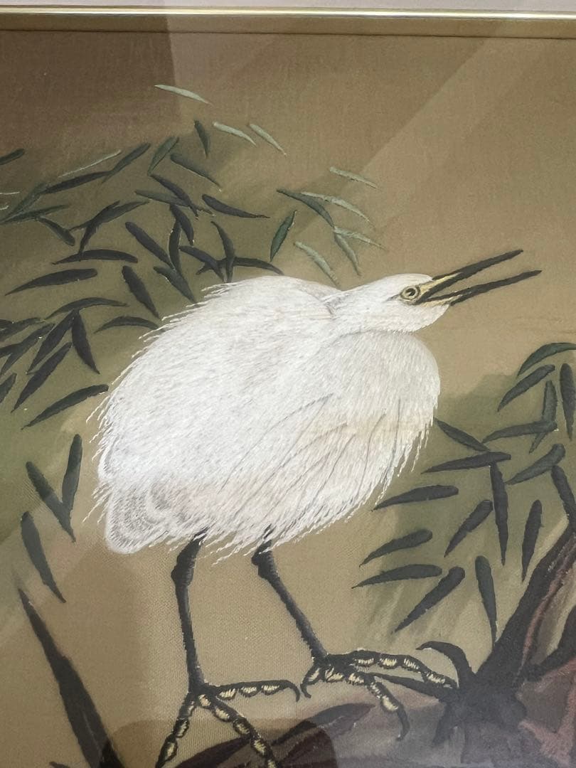 中古　額縁に汚れあり　日本刺繍絵　白鷺　日繍