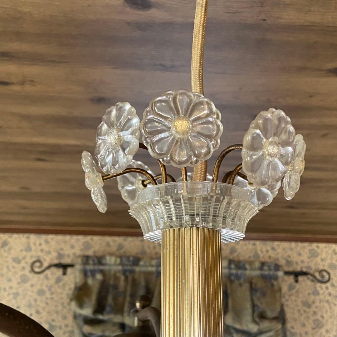 昭和レトロ ペンダントライト シャンデリア 花モチーフ ブルーシェード