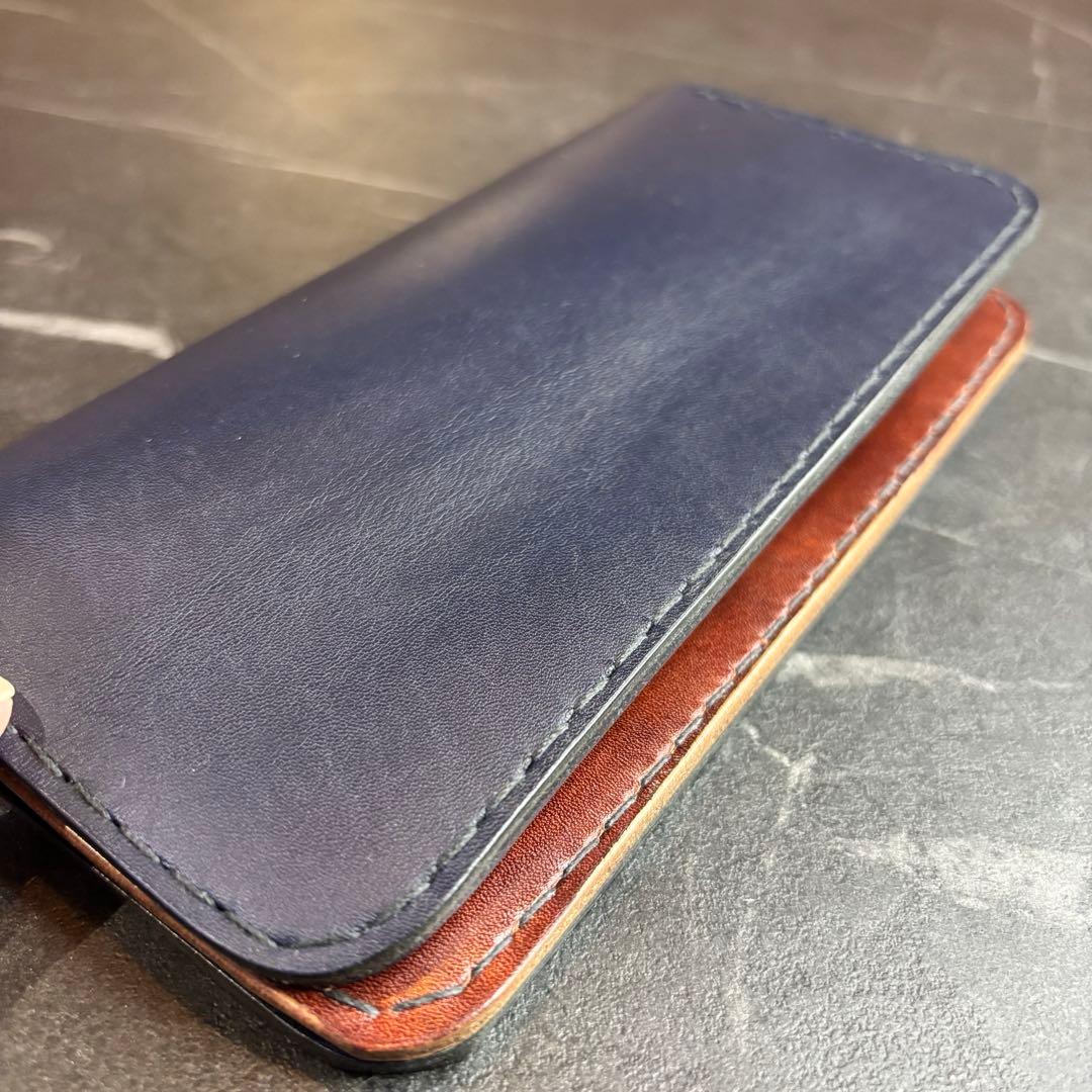 ハンドメイド　レザー長財布 ネイビー　革財布