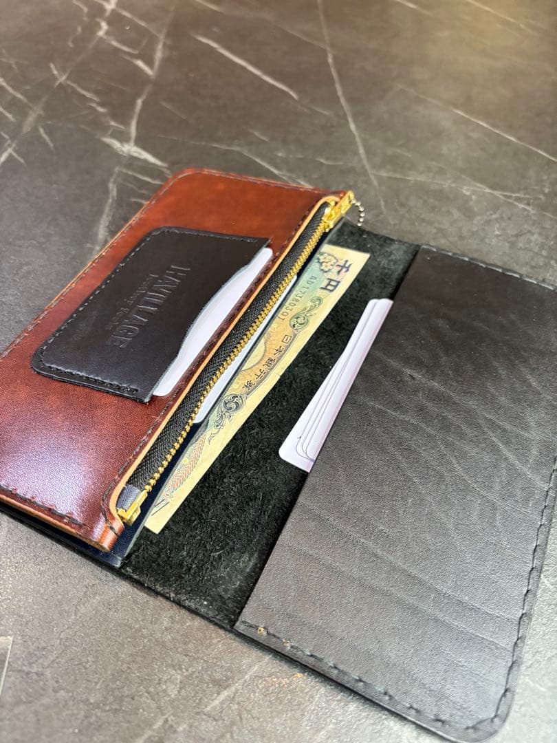 ハンドメイド　レザー長財布 ネイビー　革財布