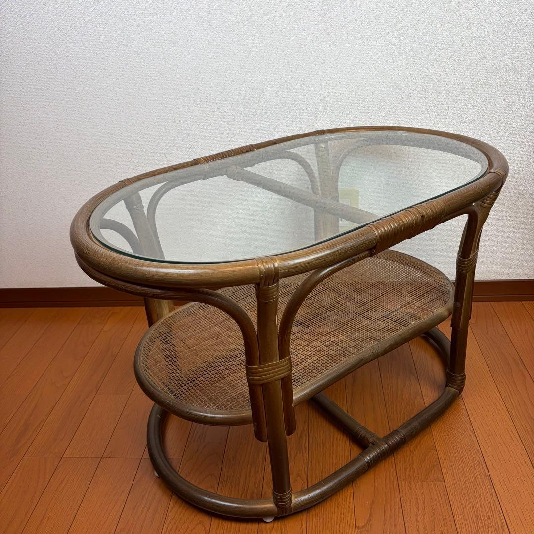 送料無料 ラタン製ガラス天板サイドテーブル アンティーク ヴィンテージ 天然木