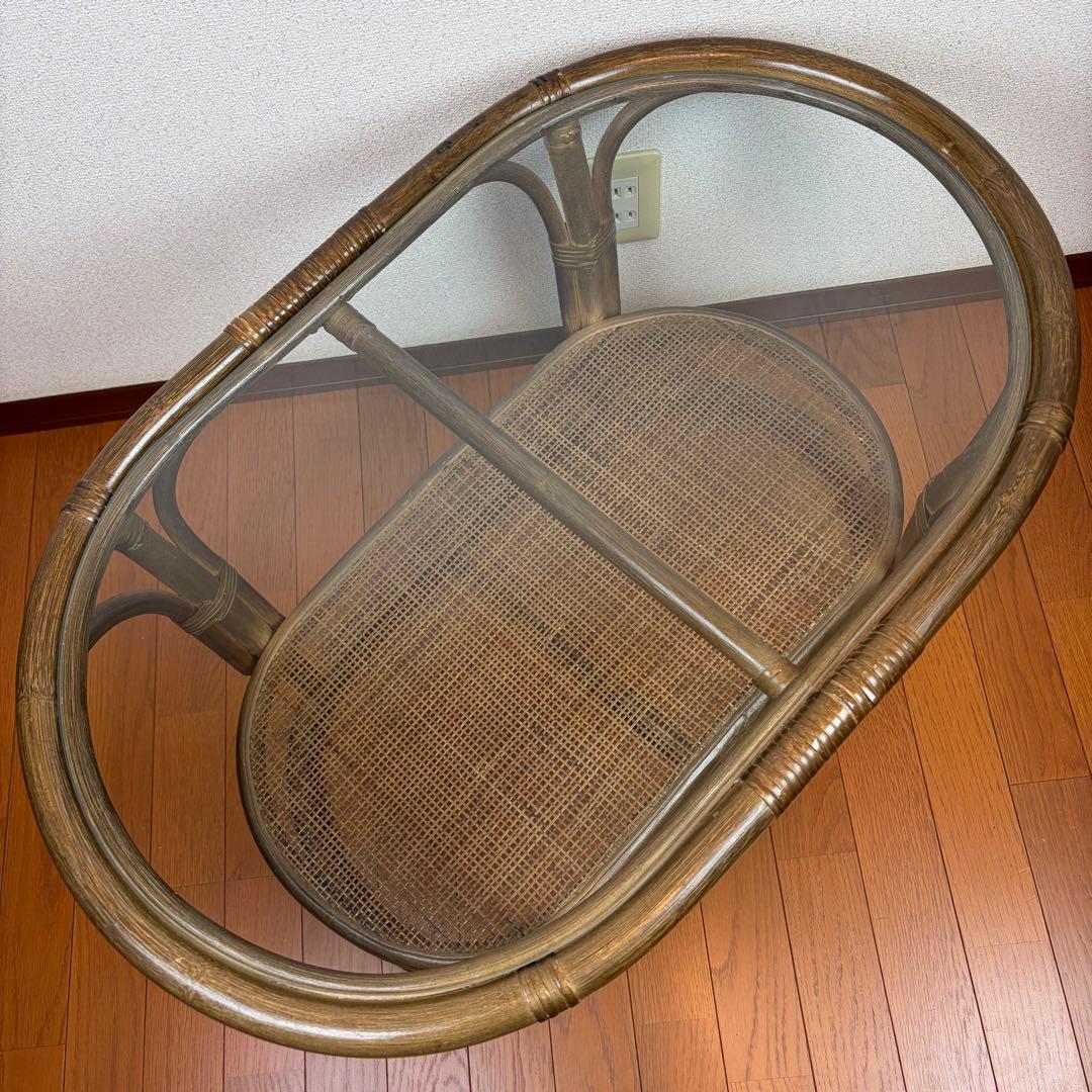 送料無料 ラタン製ガラス天板サイドテーブル アンティーク ヴィンテージ 天然木