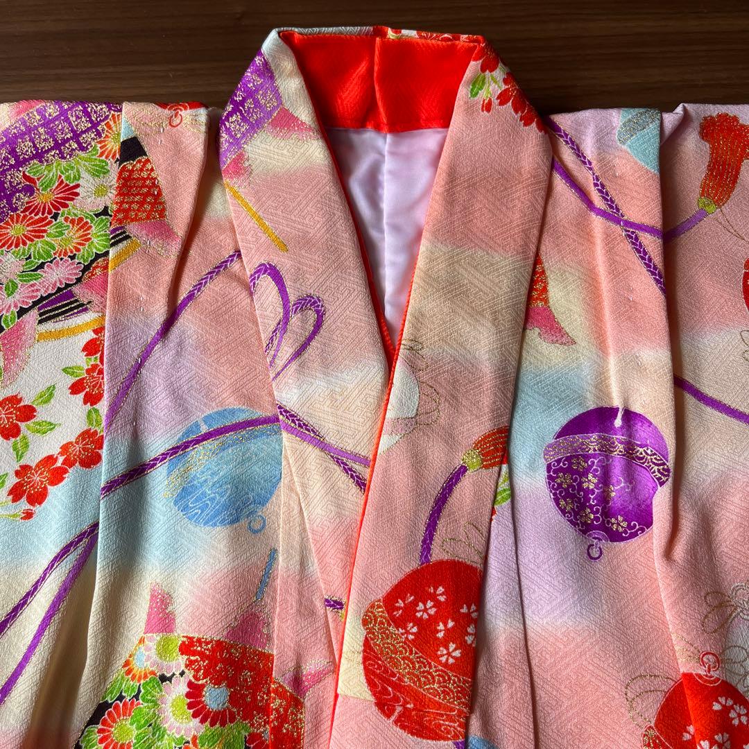 七五三 7歳女児用 正絹着物 帯 長襦袢 草履 バッグ等小物一式 ピンク系